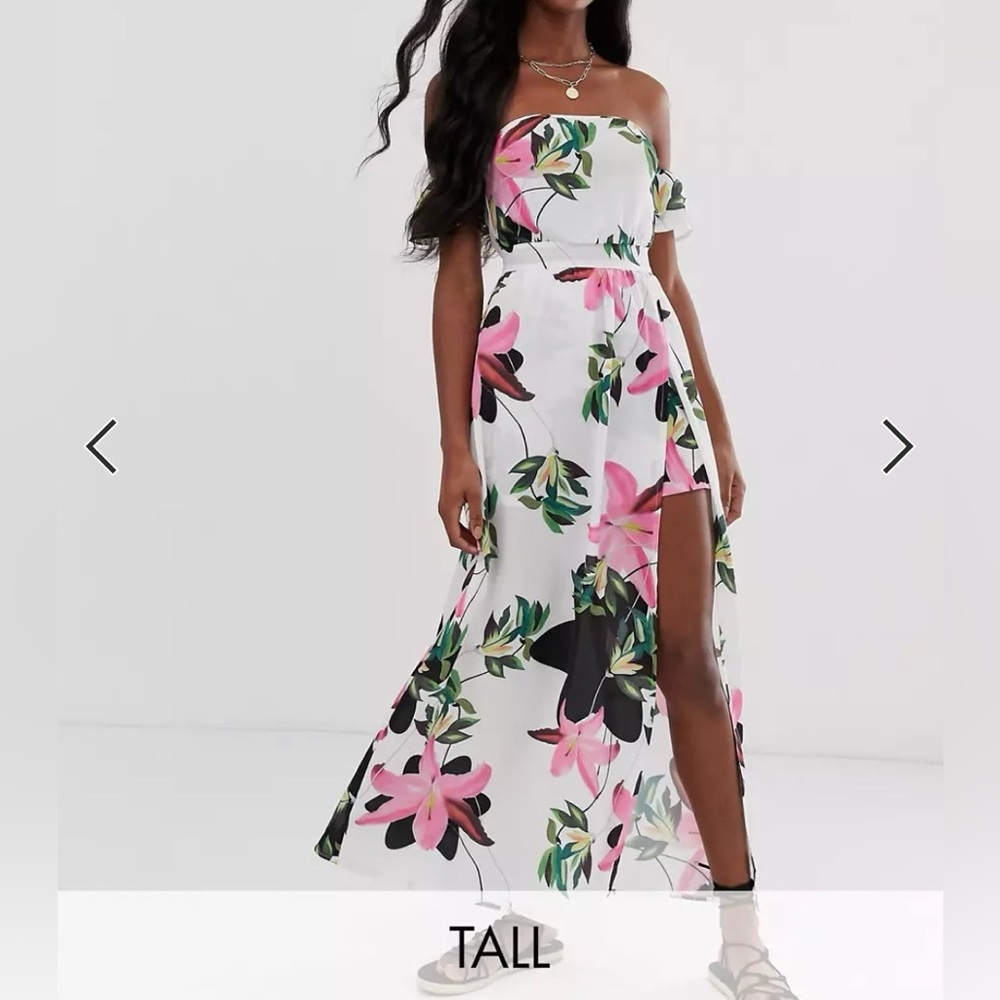 Parisian Tall Off the Shoulder Maxi Dress in White Floral Print